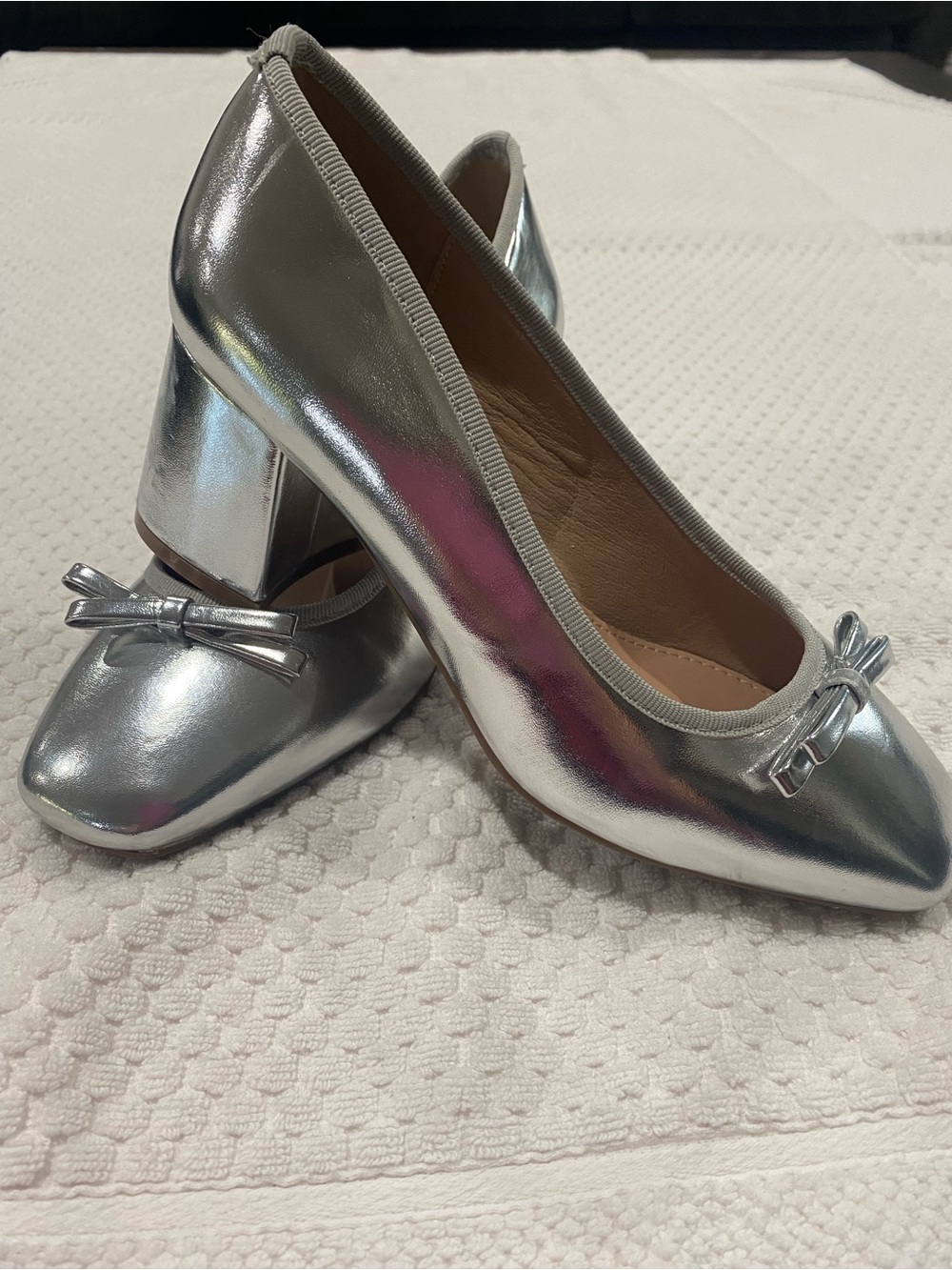 TOP Moda Silver Metallic Block Heel Pumps with Bow Accent